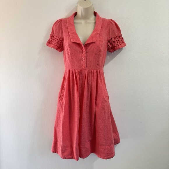 Anthropologie Dresses & Skirts - Vtg Y2K Maeve Anthropologie Dress 4 Swiss Dot Crochet Pink Orange Retro Pinup